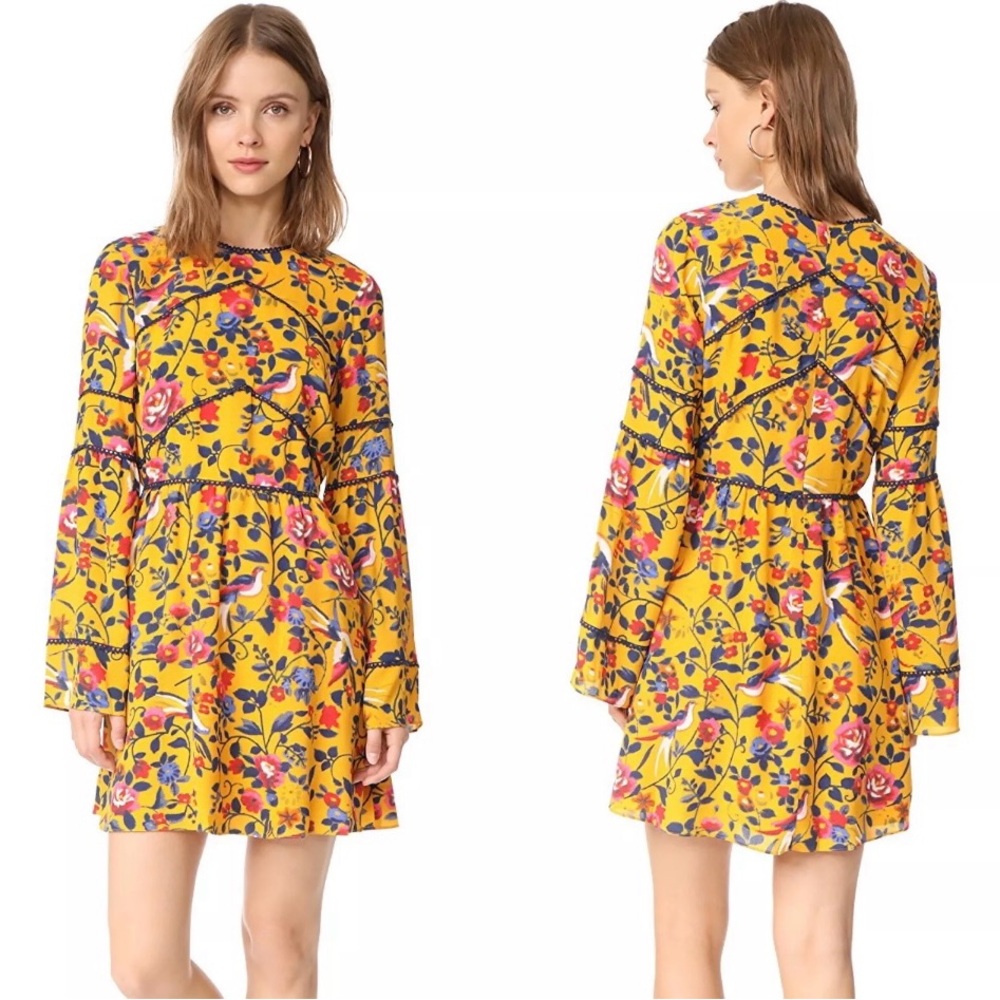 Tanya Taylor Mustard Silk Dress Womens Sz 2 Kimono Floral Caterina Marigold